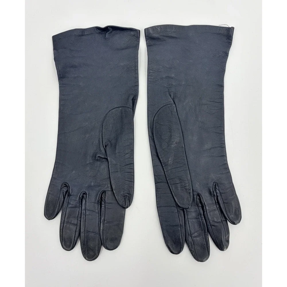 Vintage Navy Blue Leather Driving Gloves Lace Cut Outs